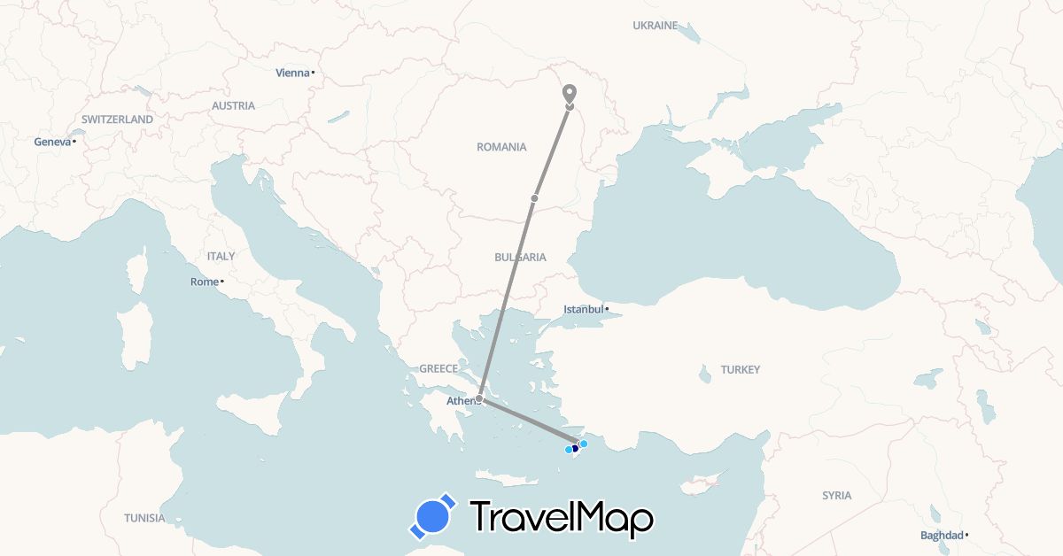 TravelMap itinerary: driving, plane, boat in Greece, Romania (Europe)